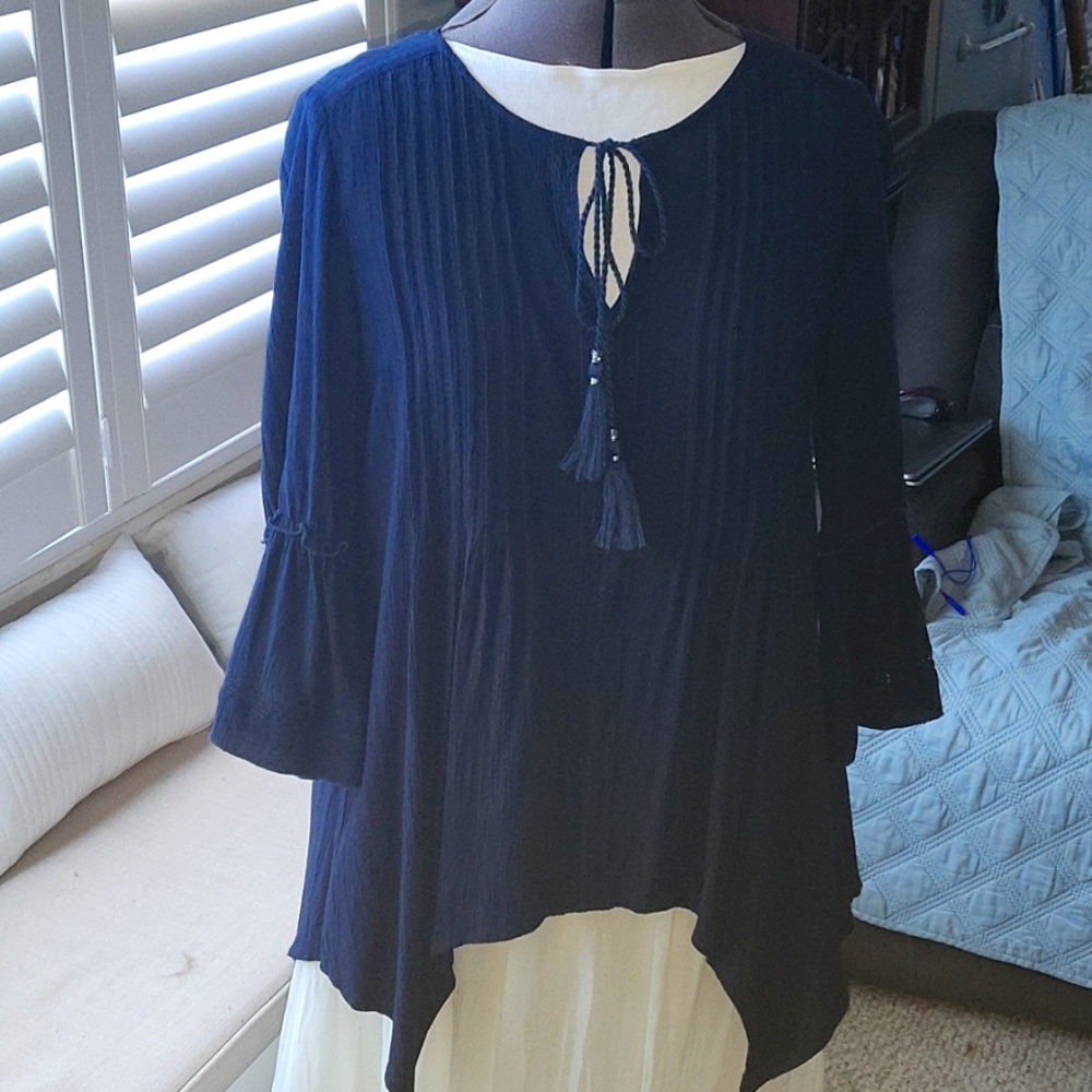 Elegant Deep Blue Blouse with string ties at neck, longs sleeves flare at elbow